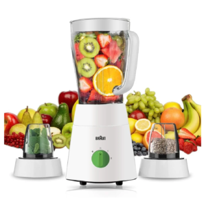 براون خلاط شفشق 3 في 1 بنظام 4 شفرات، 500 وات، 1.75 لتر كحد اقصى، سعة عمل 1.5 لتر، مع ملحق مفرمة ومرفق مطحنة، JB0123WH، أبيض